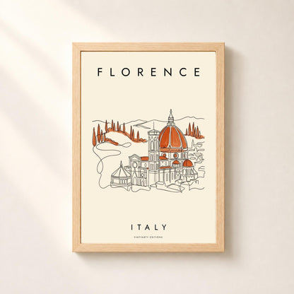 Affiche Florence, le Duomo au trait continu et collines toscanes, décoration murale voyage Italie