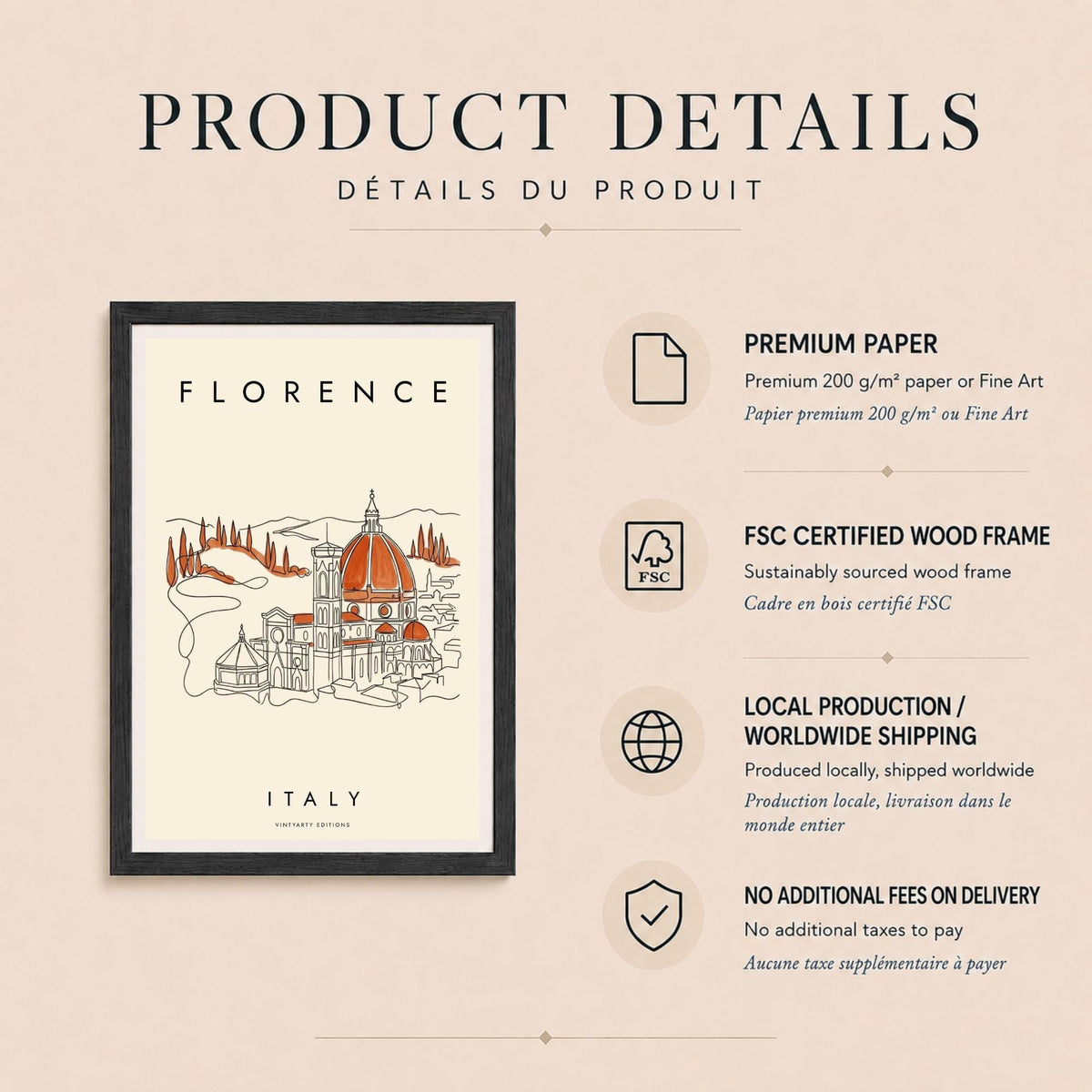 Affiche Florence, le Duomo au trait continu et collines toscanes, décoration murale voyage Italie