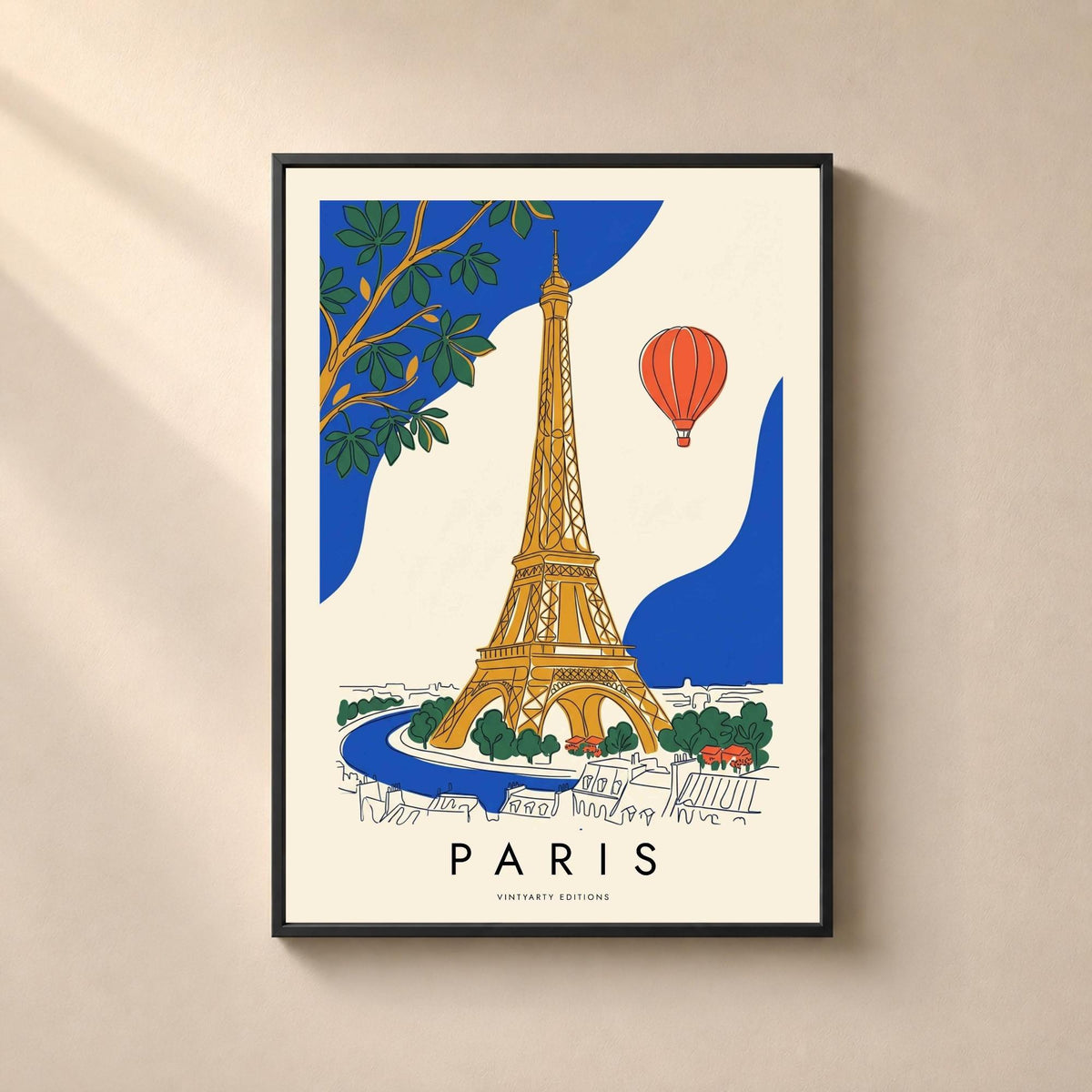 Affiche Paris, la tour Eiffel et une montgolfière, illustration au trait et aplats, décoration murale