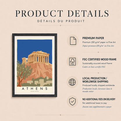 Affiche Athènes, l'Acropole et le Parthénon sur ciel bleu, olivier, décoration murale voyage