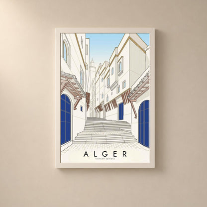 Affiche Alger, escalier de la Casbah, portes bleues et minaret, dessin au trait, décoration murale