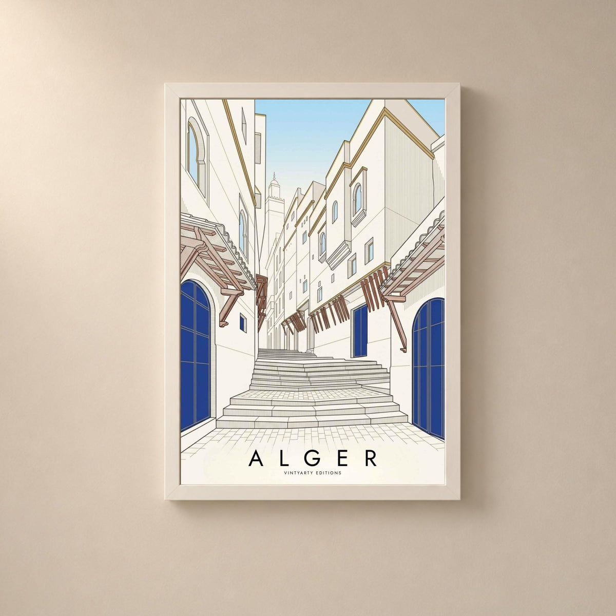 Affiche Alger, escalier de la Casbah, portes bleues et minaret, dessin au trait, décoration murale