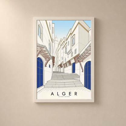 Affiche Alger, escalier de la Casbah, portes bleues et minaret, dessin au trait, décoration murale