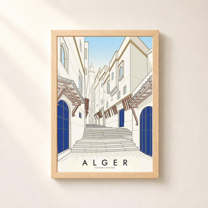 Affiche Alger, escalier de la Casbah, portes bleues et minaret, dessin au trait, décoration murale