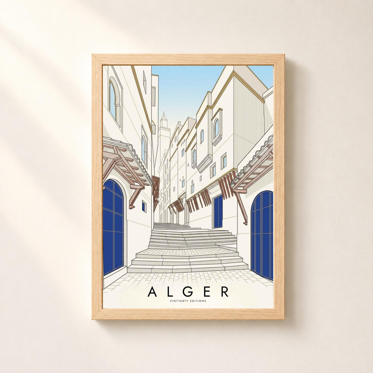 Affiche Alger, escalier de la Casbah, portes bleues et minaret, dessin au trait, décoration murale