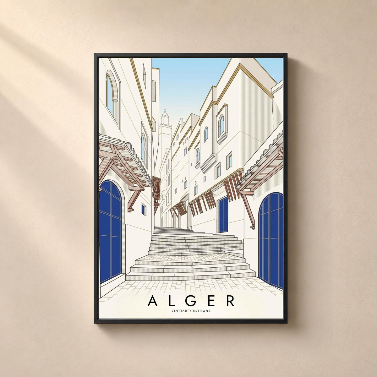 Affiche Alger, escalier de la Casbah, portes bleues et minaret, dessin au trait, décoration murale