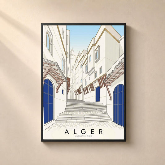 Affiche Alger, escalier de la Casbah, portes bleues et minaret, dessin au trait, décoration murale
