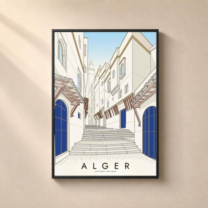 Affiche Alger, escalier de la Casbah, portes bleues et minaret, dessin au trait, décoration murale