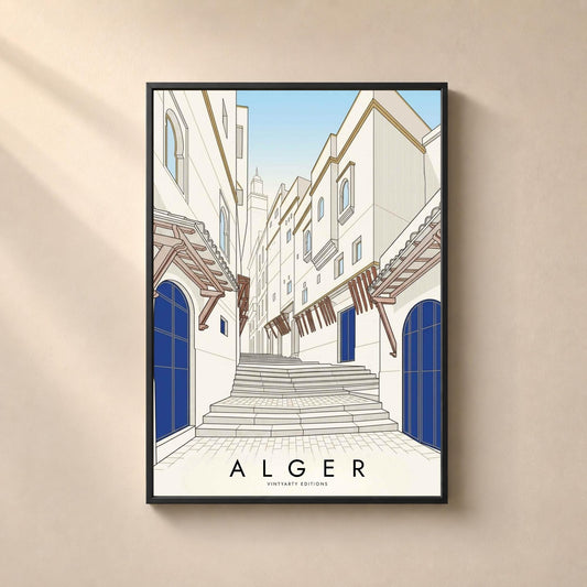 Affiche Alger, escalier de la Casbah, portes bleues et minaret, dessin au trait, décoration murale