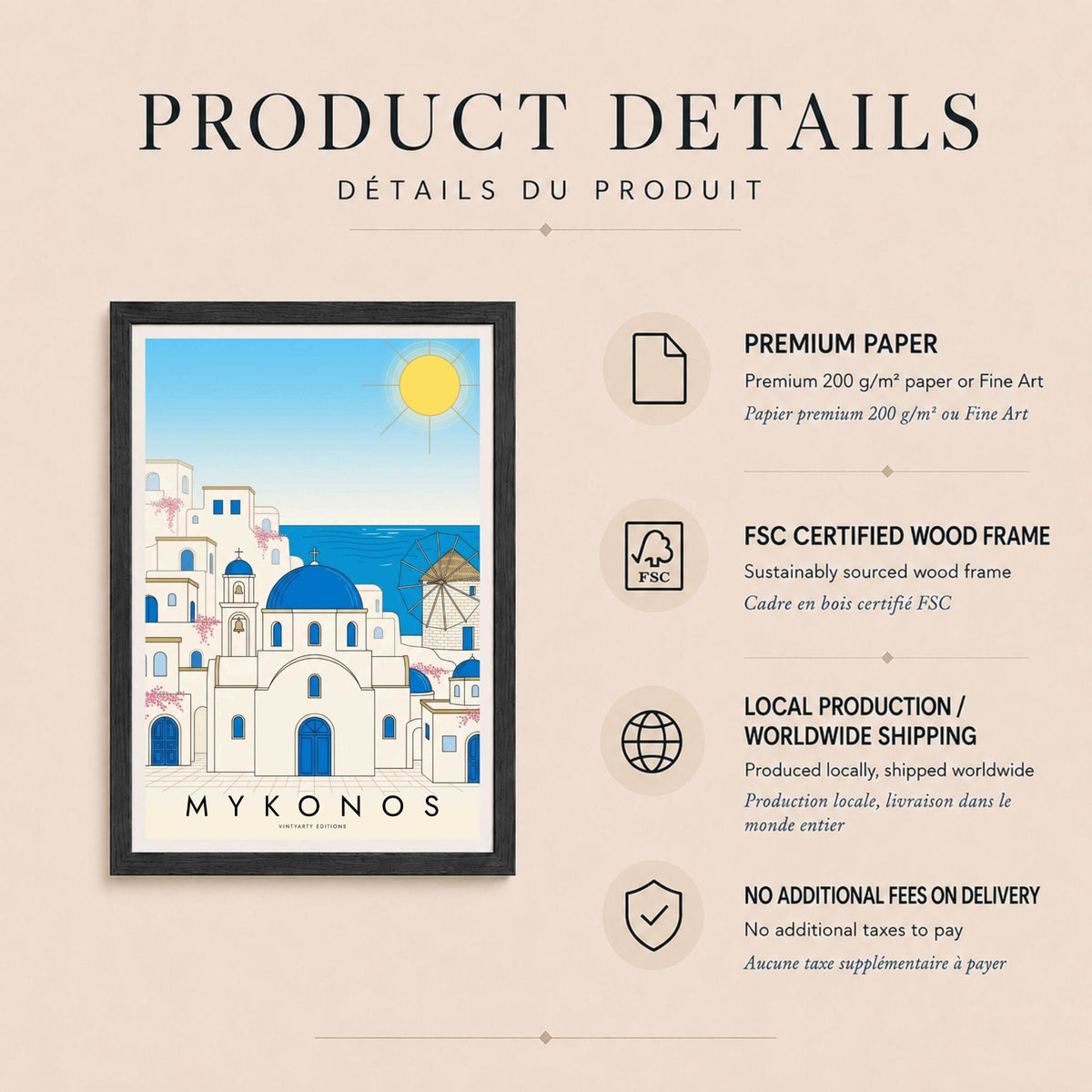 Affiche Mykonos, dômes bleus, moulin et mer Égée, illustration au trait, décoration murale voyage