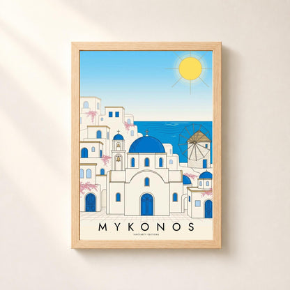 Affiche Mykonos, dômes bleus, moulin et mer Égée, illustration au trait, décoration murale voyage