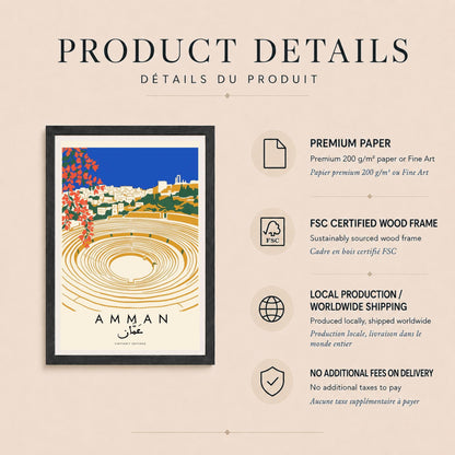 Affiche Amman, le théâtre romain et la citadelle, bougainvilliers, décoration murale voyage Jordanie