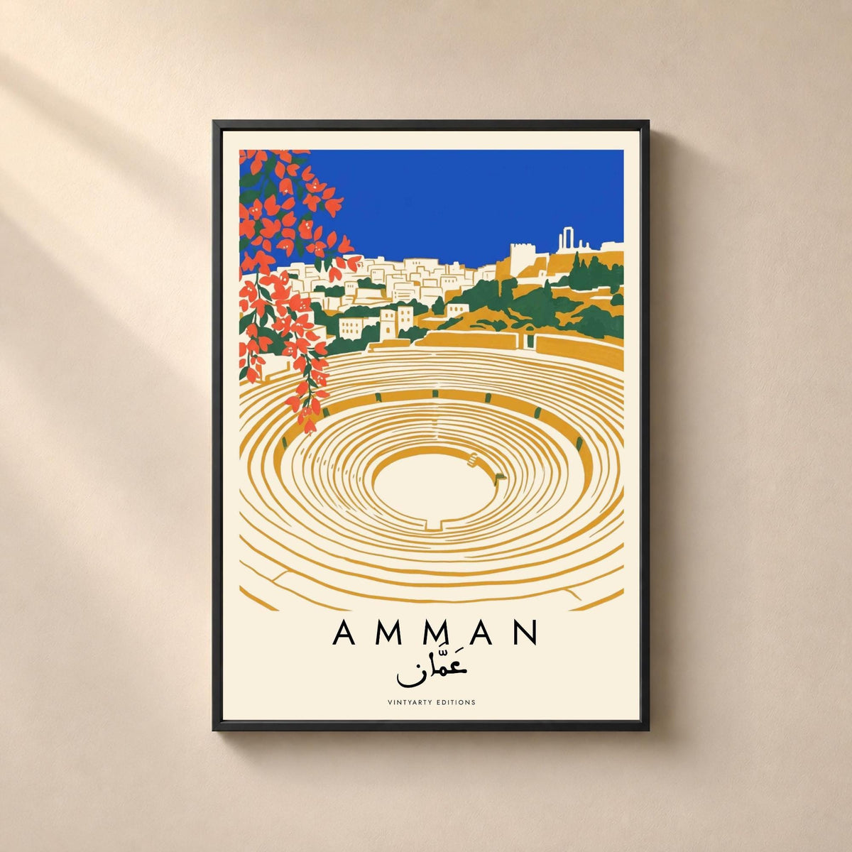 Affiche Amman, le théâtre romain et la citadelle, bougainvilliers, décoration murale voyage Jordanie