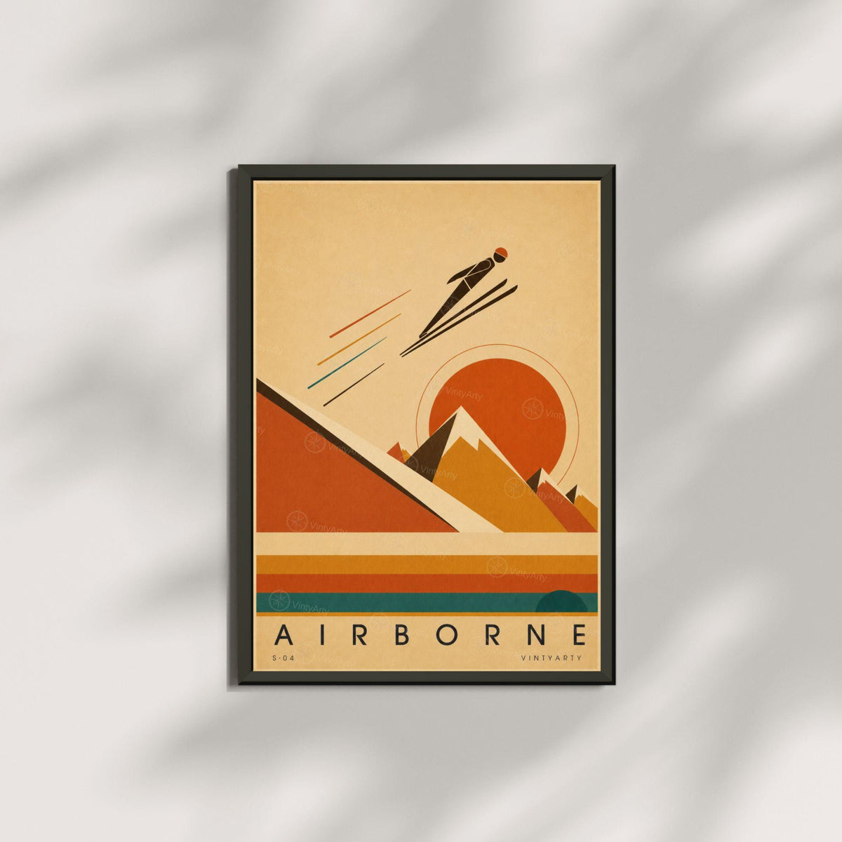 Affiche saut à ski, silhouette et soleil orange, illustration mid-century, décoration murale sport