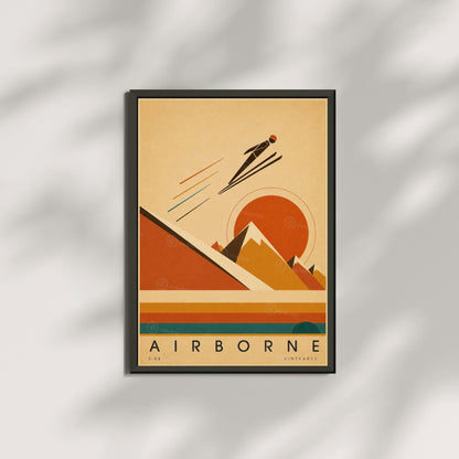 Affiche saut à ski, silhouette et soleil orange, illustration mid-century, décoration murale sport