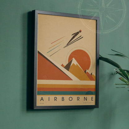 Affiche saut à ski, silhouette et soleil orange, illustration mid-century, décoration murale sport