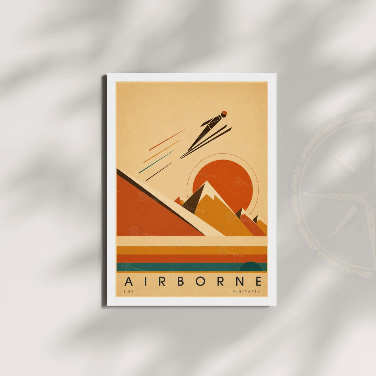 Affiche saut à ski, silhouette et soleil orange, illustration mid-century, décoration murale sport