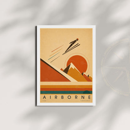 Affiche saut à ski, silhouette et soleil orange, illustration mid-century, décoration murale sport