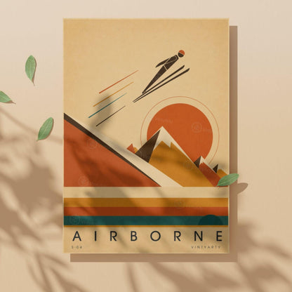 Affiche saut à ski, silhouette et soleil orange, illustration mid-century, décoration murale sport