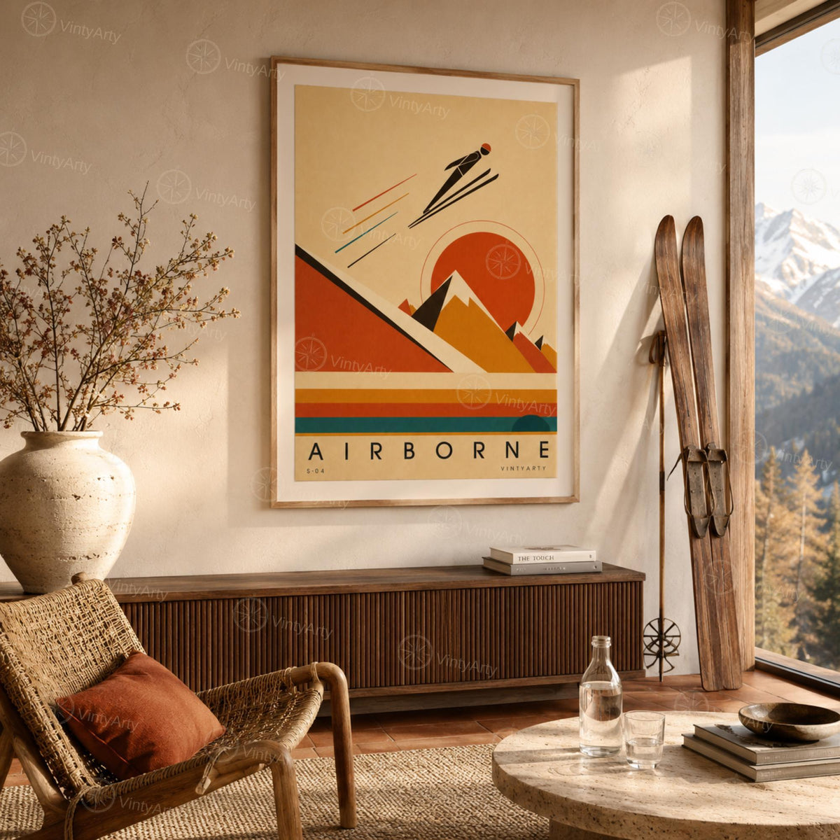 Affiche saut à ski, silhouette et soleil orange, illustration mid-century, décoration murale sport