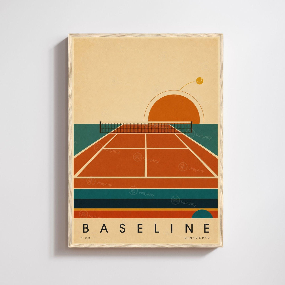 Affiche tennis, court en terre battue au soleil couchant, illustration mid-century, décoration murale