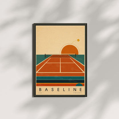 Affiche tennis, court en terre battue au soleil couchant, illustration mid-century, décoration murale