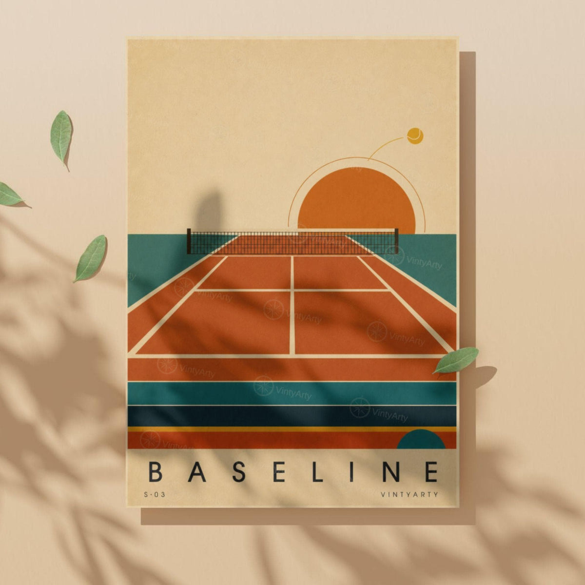 Affiche tennis, court en terre battue au soleil couchant, illustration mid-century, décoration murale