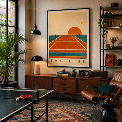 Affiche tennis, court en terre battue au soleil couchant, illustration mid-century, décoration murale