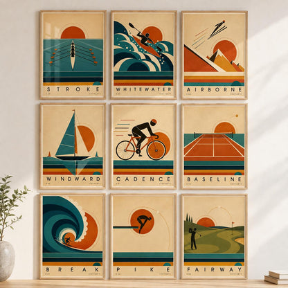 Affiche aviron, quatre rameurs face au soleil levant, illustration mid-century, décoration murale