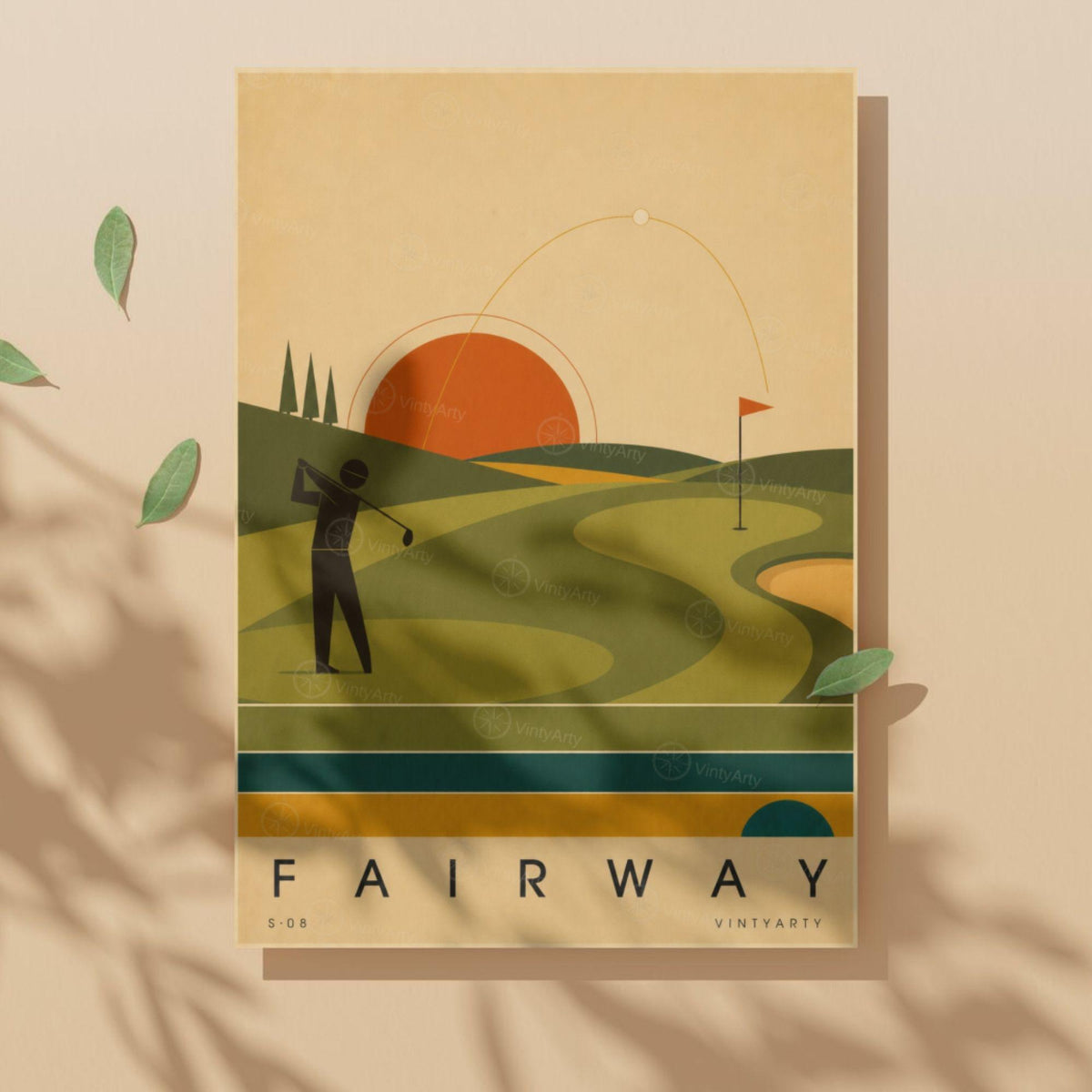 Affiche golf, golfeur au départ et parcours au soleil couchant, illustration mid-century, art mural