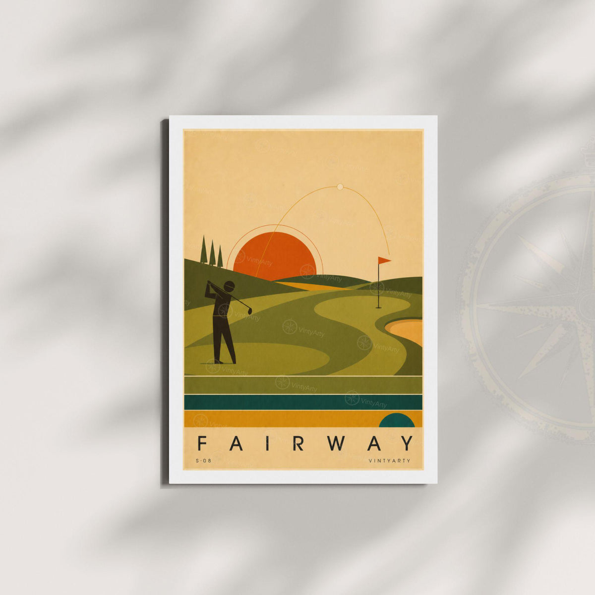 Affiche golf, golfeur au départ et parcours au soleil couchant, illustration mid-century, art mural