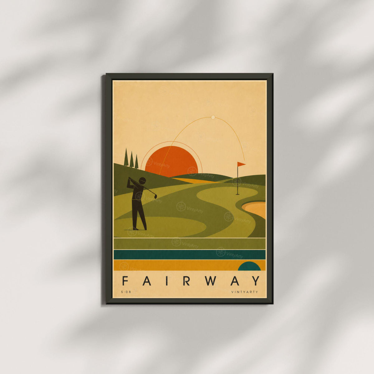 Affiche golf, golfeur au départ et parcours au soleil couchant, illustration mid-century, art mural