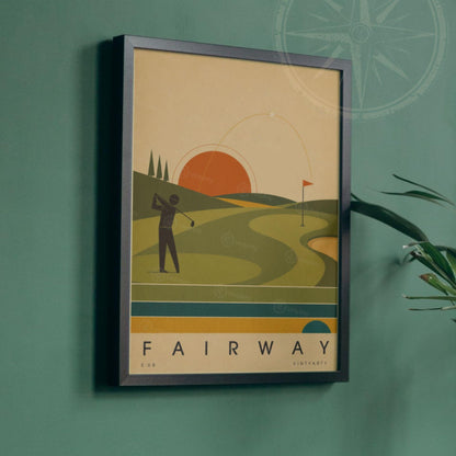 Affiche golf, golfeur au départ et parcours au soleil couchant, illustration mid-century, art mural