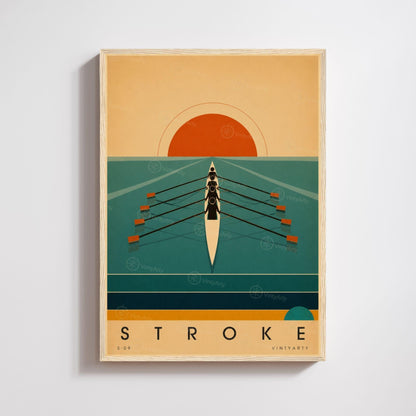 Affiche aviron, quatre rameurs face au soleil levant, illustration mid-century, décoration murale