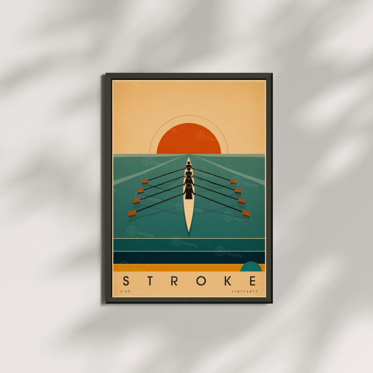 Affiche aviron, quatre rameurs face au soleil levant, illustration mid-century, décoration murale