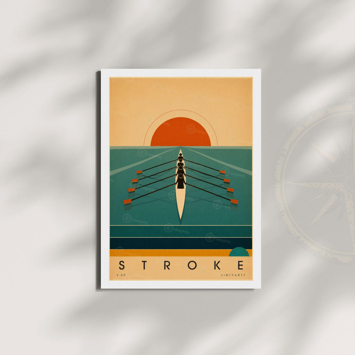 Affiche aviron, quatre rameurs face au soleil levant, illustration mid-century, décoration murale