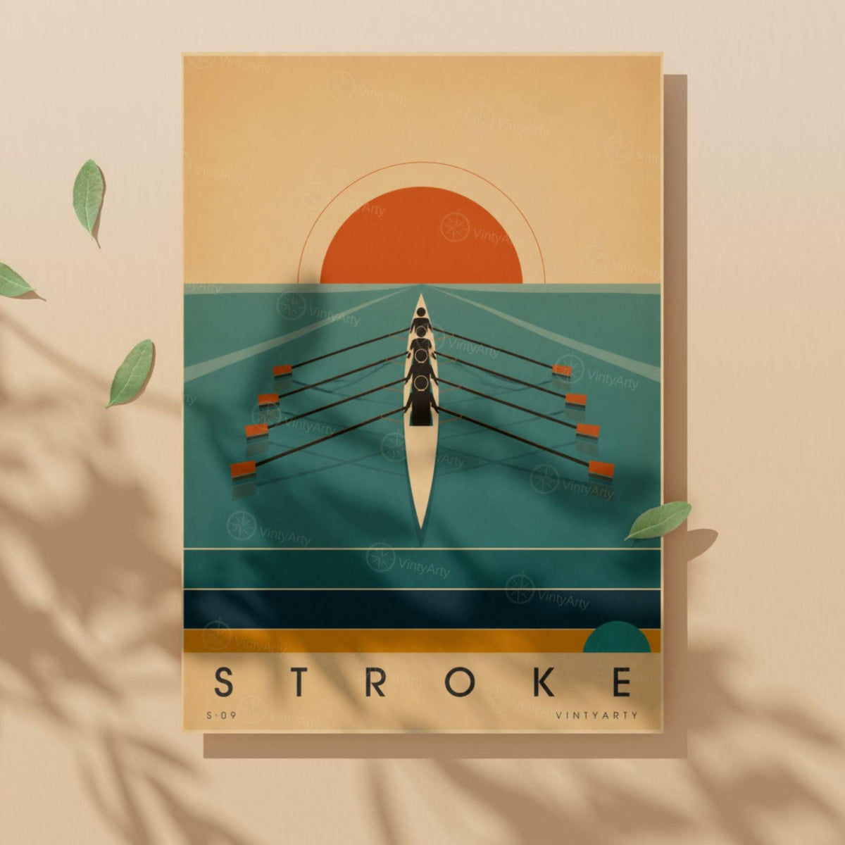 Affiche aviron, quatre rameurs face au soleil levant, illustration mid-century, décoration murale