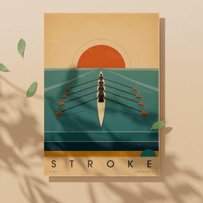 Affiche aviron, quatre rameurs face au soleil levant, illustration mid-century, décoration murale