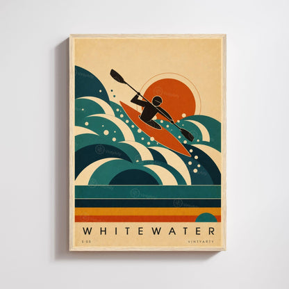 Affiche kayak, kayakiste en eaux vives au soleil couchant, illustration mid-century, art mural sport