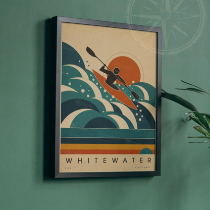 Affiche kayak, kayakiste en eaux vives au soleil couchant, illustration mid-century, art mural sport
