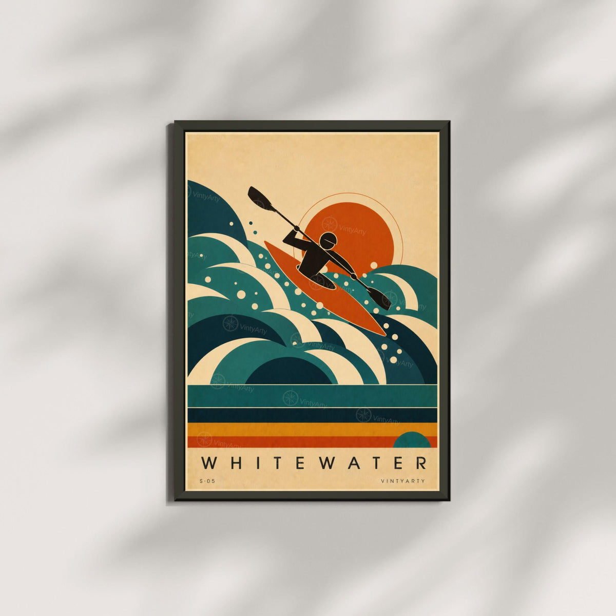 Affiche kayak, kayakiste en eaux vives au soleil couchant, illustration mid-century, art mural sport