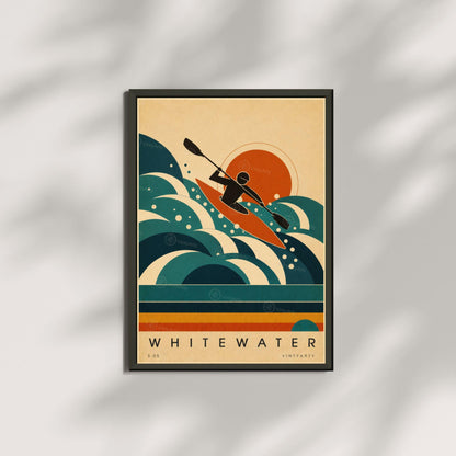 Affiche kayak, kayakiste en eaux vives au soleil couchant, illustration mid-century, art mural sport