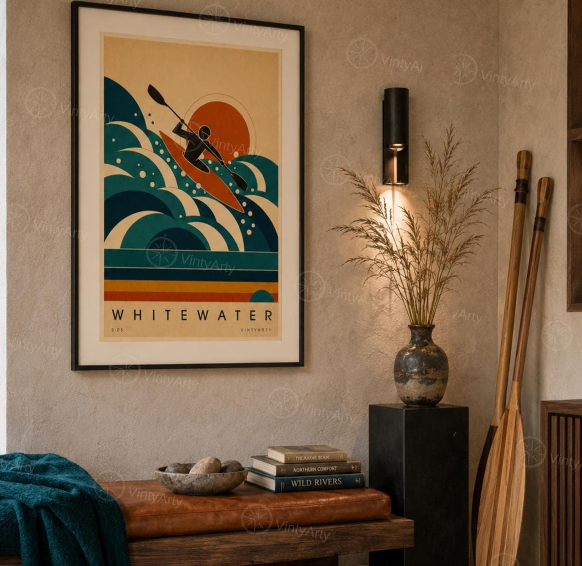 Affiche kayak, kayakiste en eaux vives au soleil couchant, illustration mid-century, art mural sport