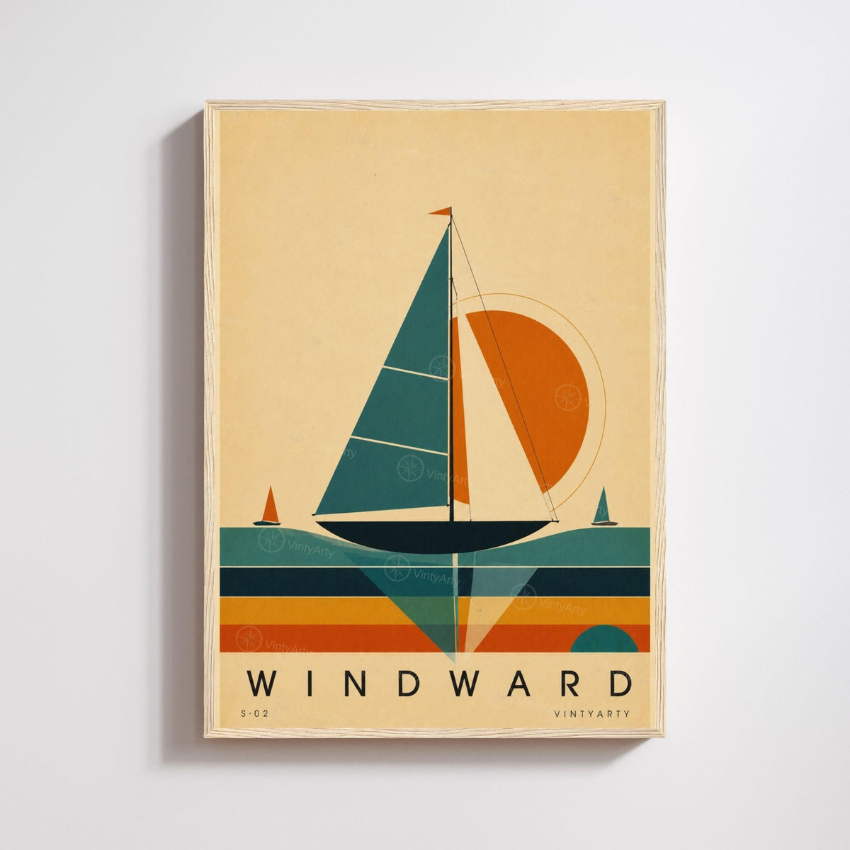 Affiche voile, voilier de régate au soleil couchant, illustration mid-century, décoration murale sport
