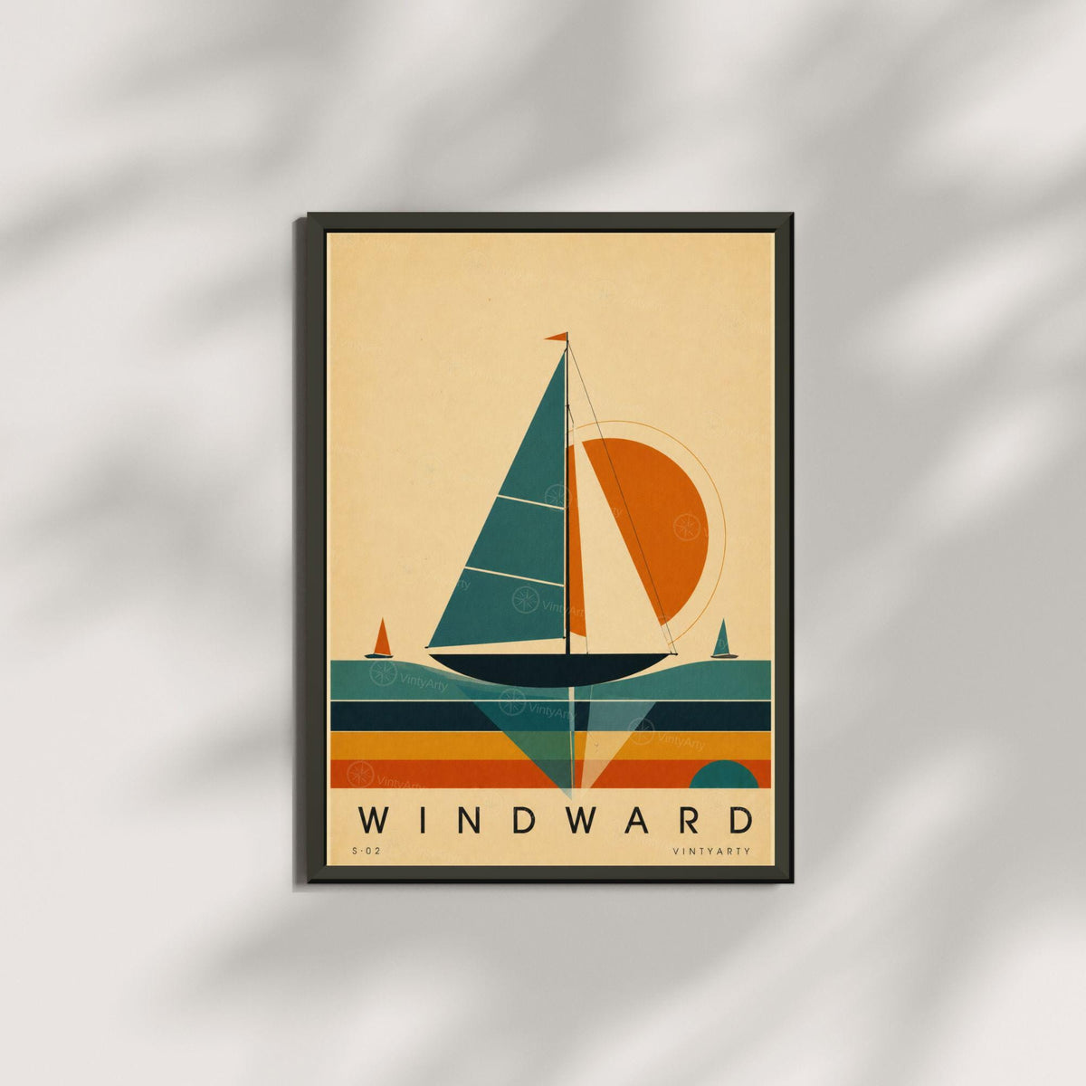 Affiche voile, voilier de régate au soleil couchant, illustration mid-century, décoration murale sport