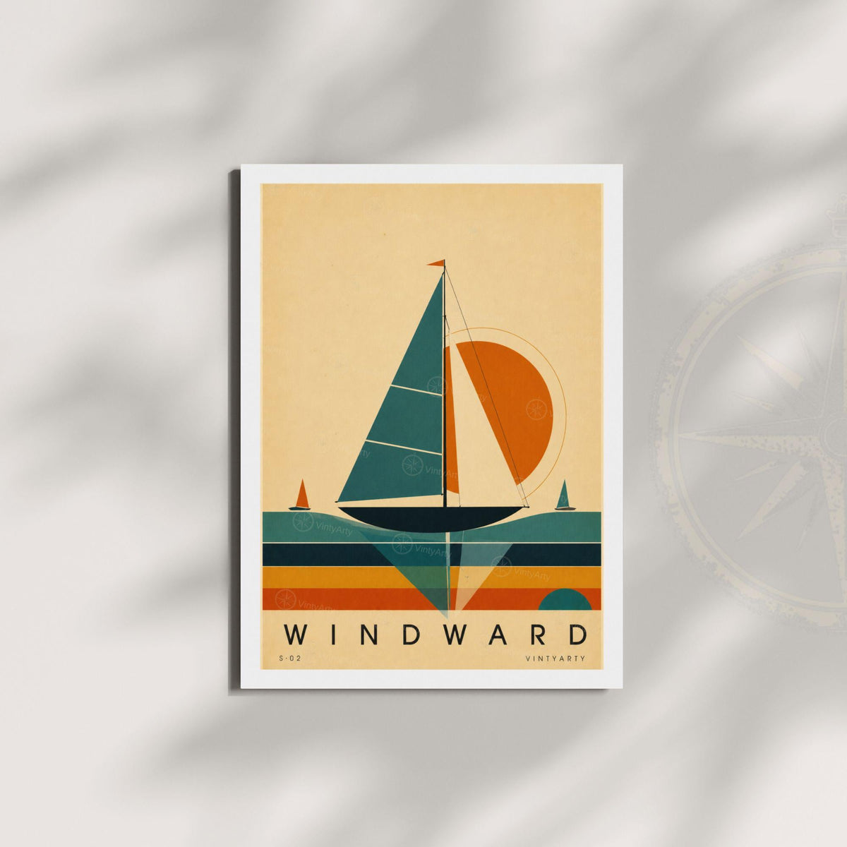 Affiche voile, voilier de régate au soleil couchant, illustration mid-century, décoration murale sport