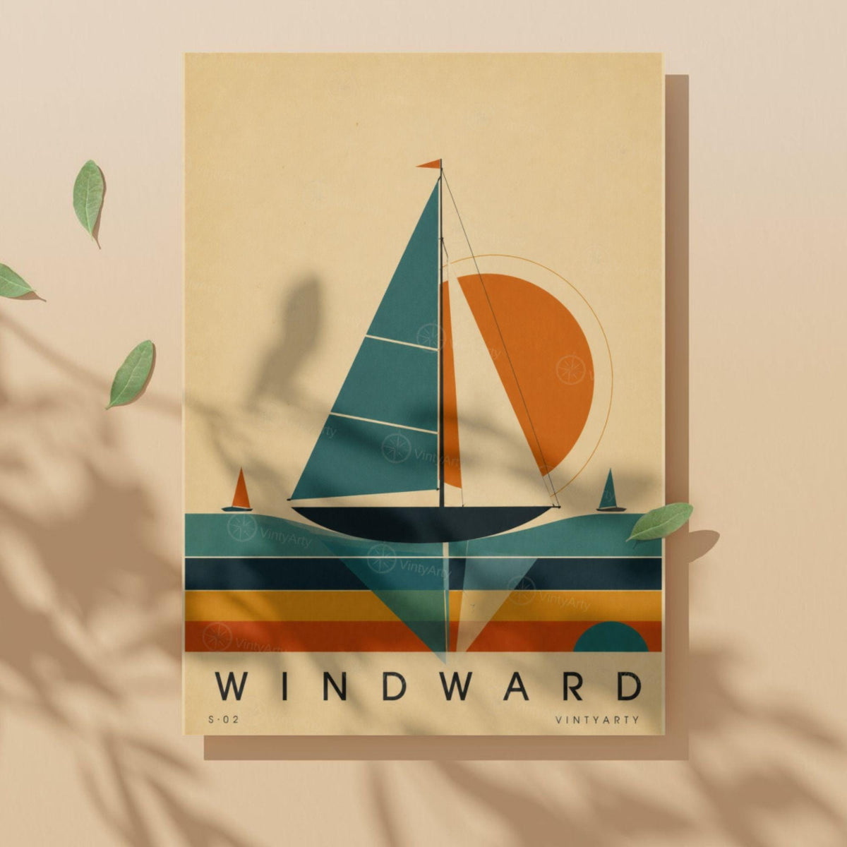 Affiche voile, voilier de régate au soleil couchant, illustration mid-century, décoration murale sport