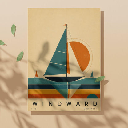 Affiche voile, voilier de régate au soleil couchant, illustration mid-century, décoration murale sport