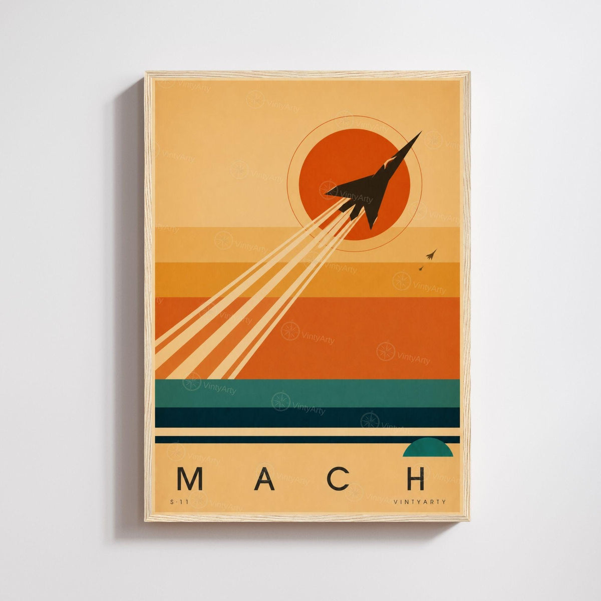 Affiche aviation, avion à réaction et traînées au soleil couchant, illustration mid-century, art mural