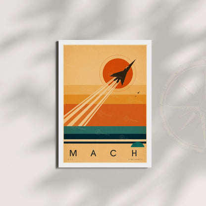 Affiche aviation, avion à réaction et traînées au soleil couchant, illustration mid-century, art mural